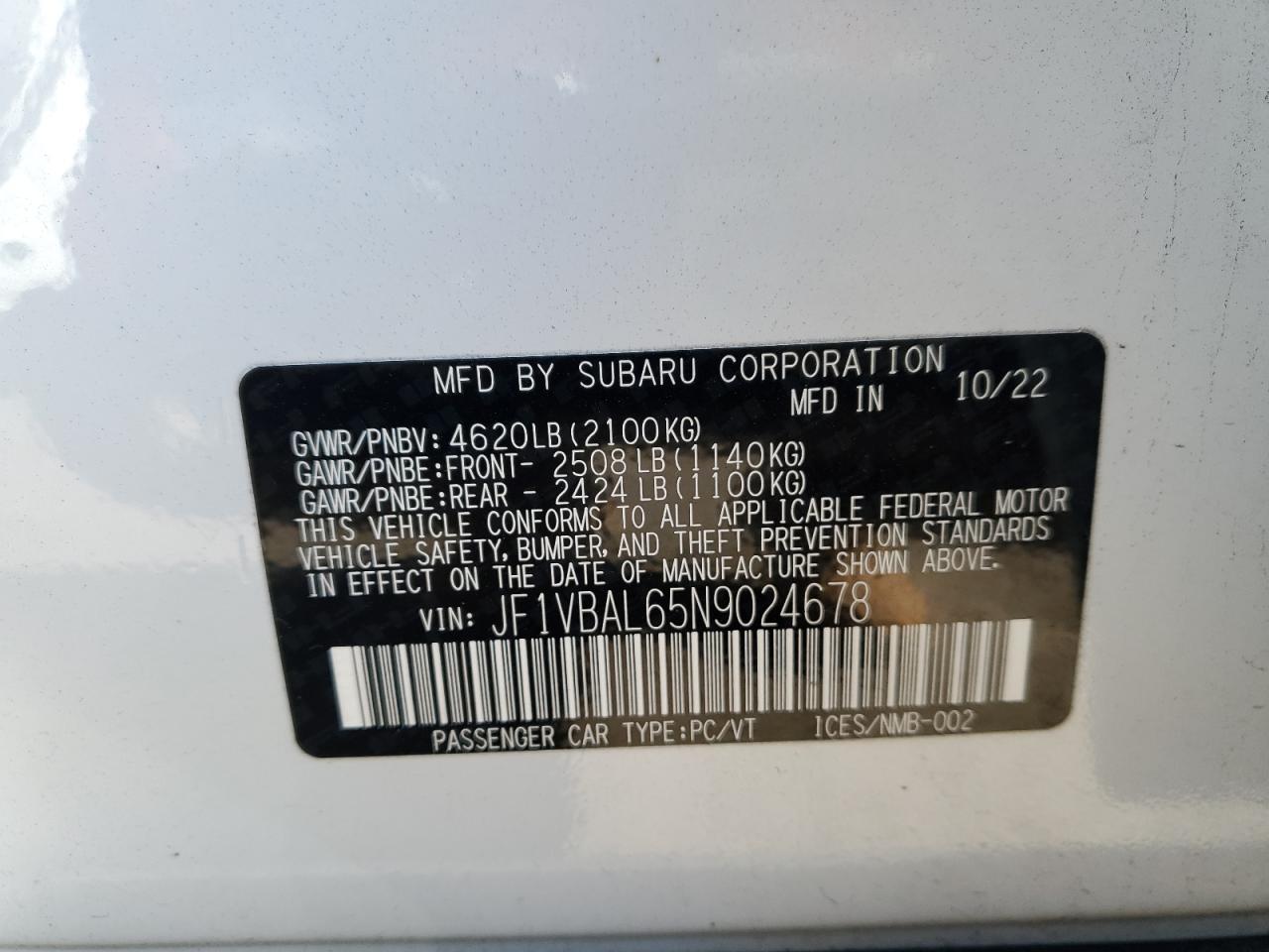 2022 SUBARU WRX LIMITED VIN:JF1VBAL65N9024678