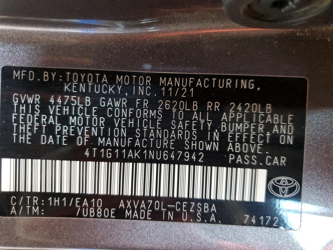 2022 TOYOTA CAMRY SE VIN:4T1G11AK1NU647942