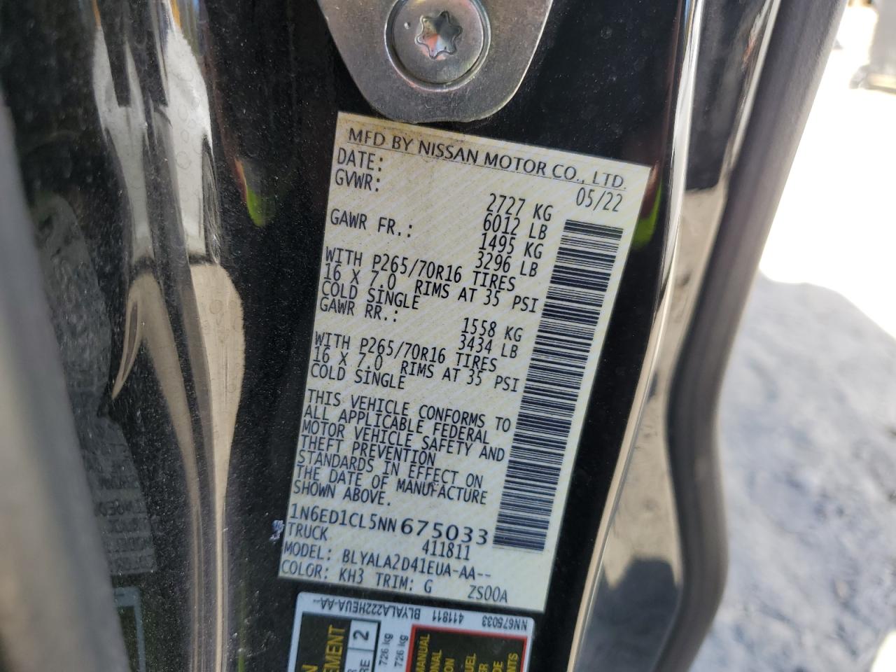 2022 NISSAN FRONTIER S VIN:1N6ED1CL5NN675033