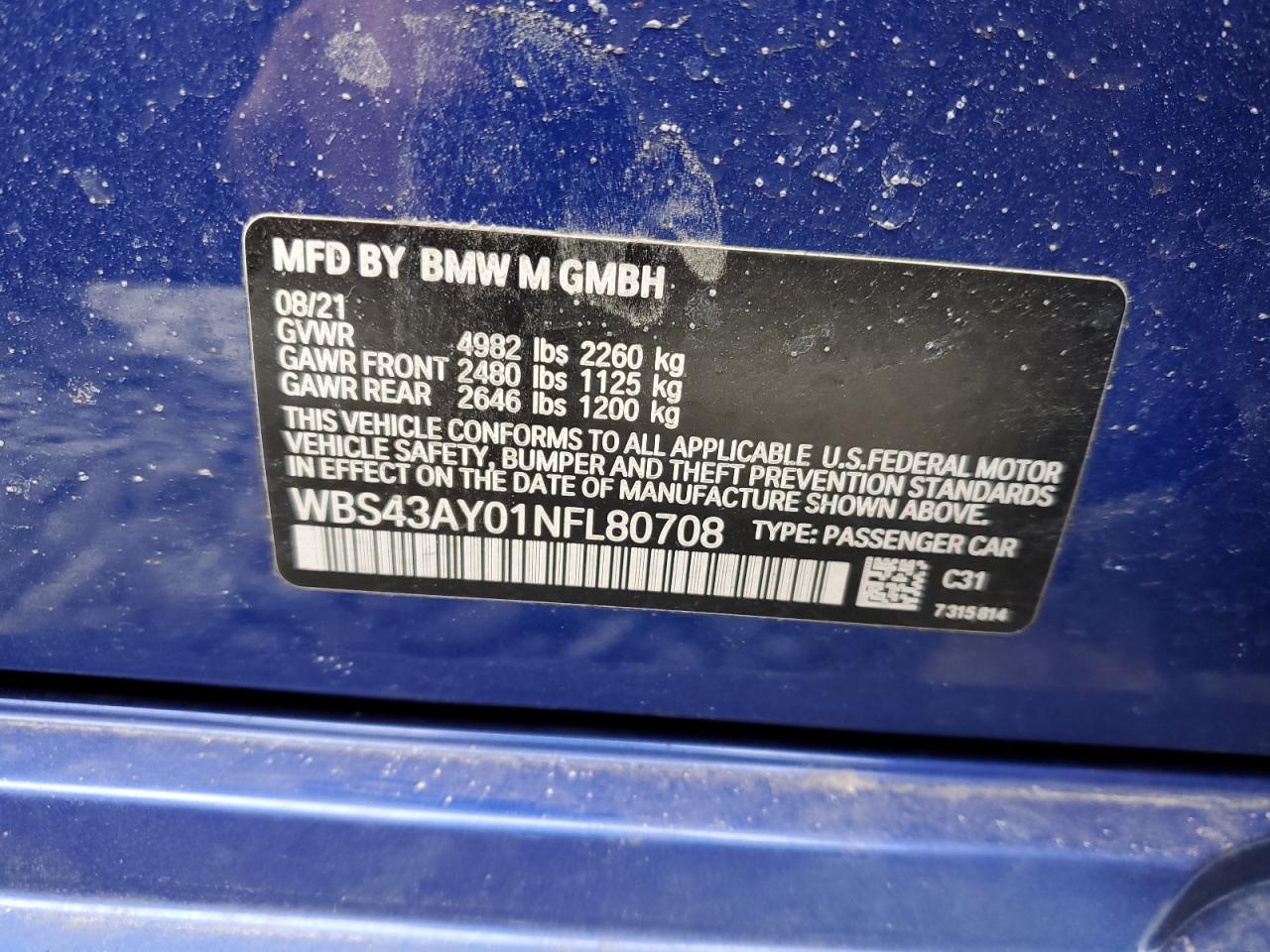 2022 BMW M3 COMPETITION VIN:WBS43AY01NFL80708