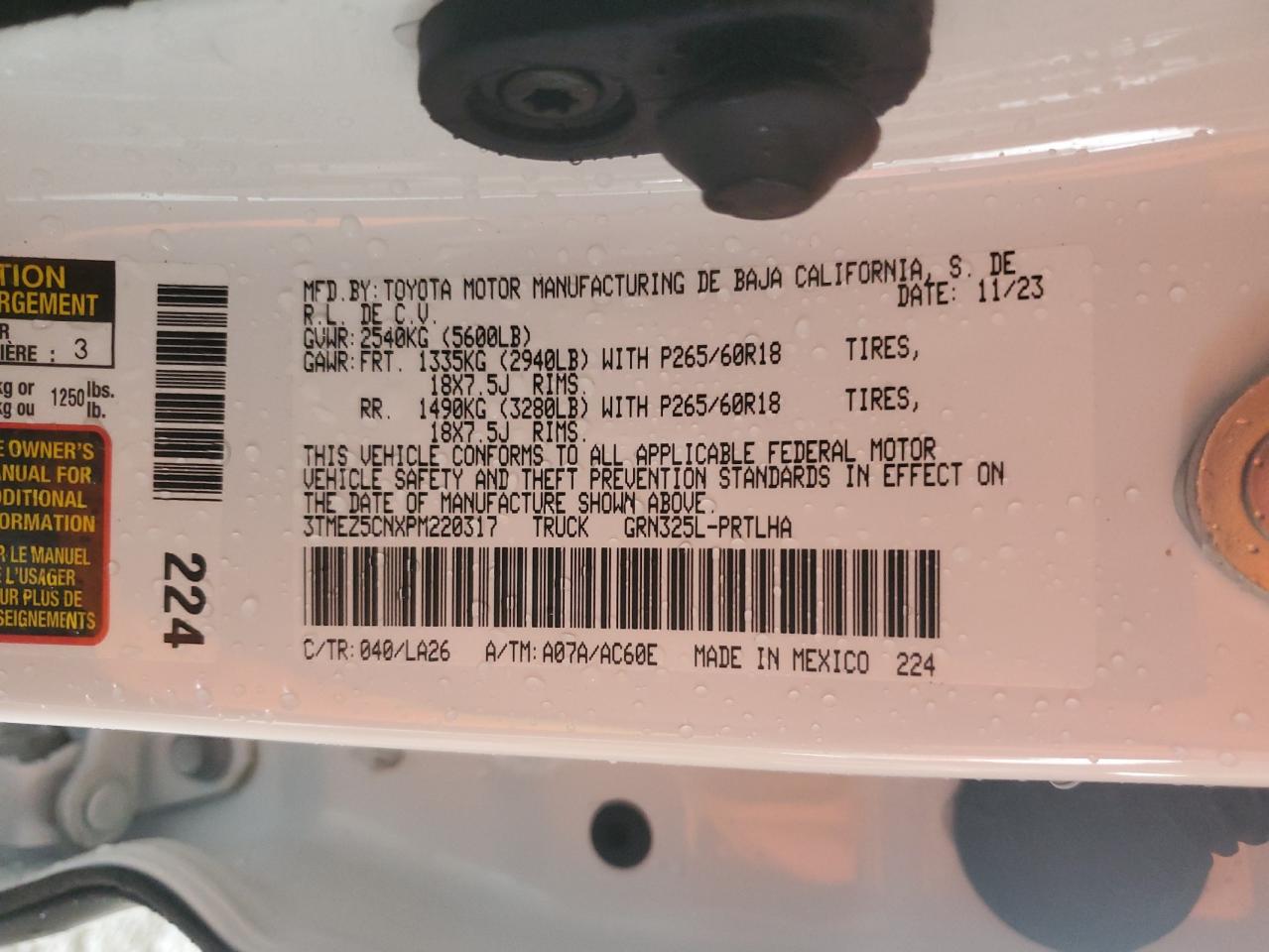 2023 TOYOTA TACOMA DOUBLE CAB VIN:3TMEZ5CNXPM220317