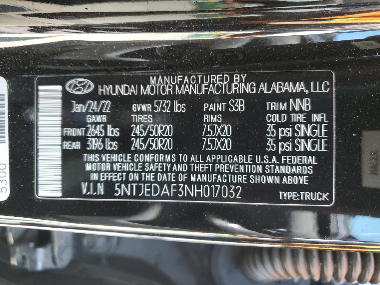 2022 HYUNDAI SANTA CRUZ LIMITED VIN:5NTJEDAF3NH017032