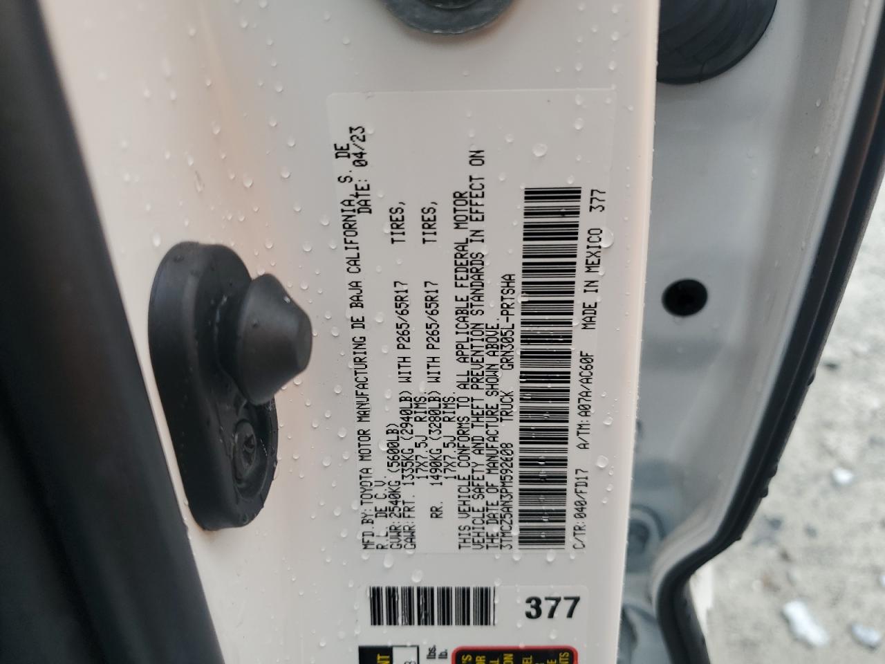 2023 TOYOTA TACOMA DOUBLE CAB VIN:3TMCZ5AN3PM592608