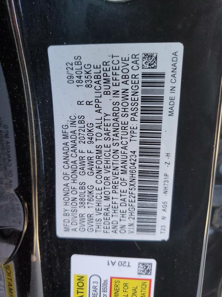 2022 HONDA CIVIC SPORT VIN:2HGFE2F5XNH604234