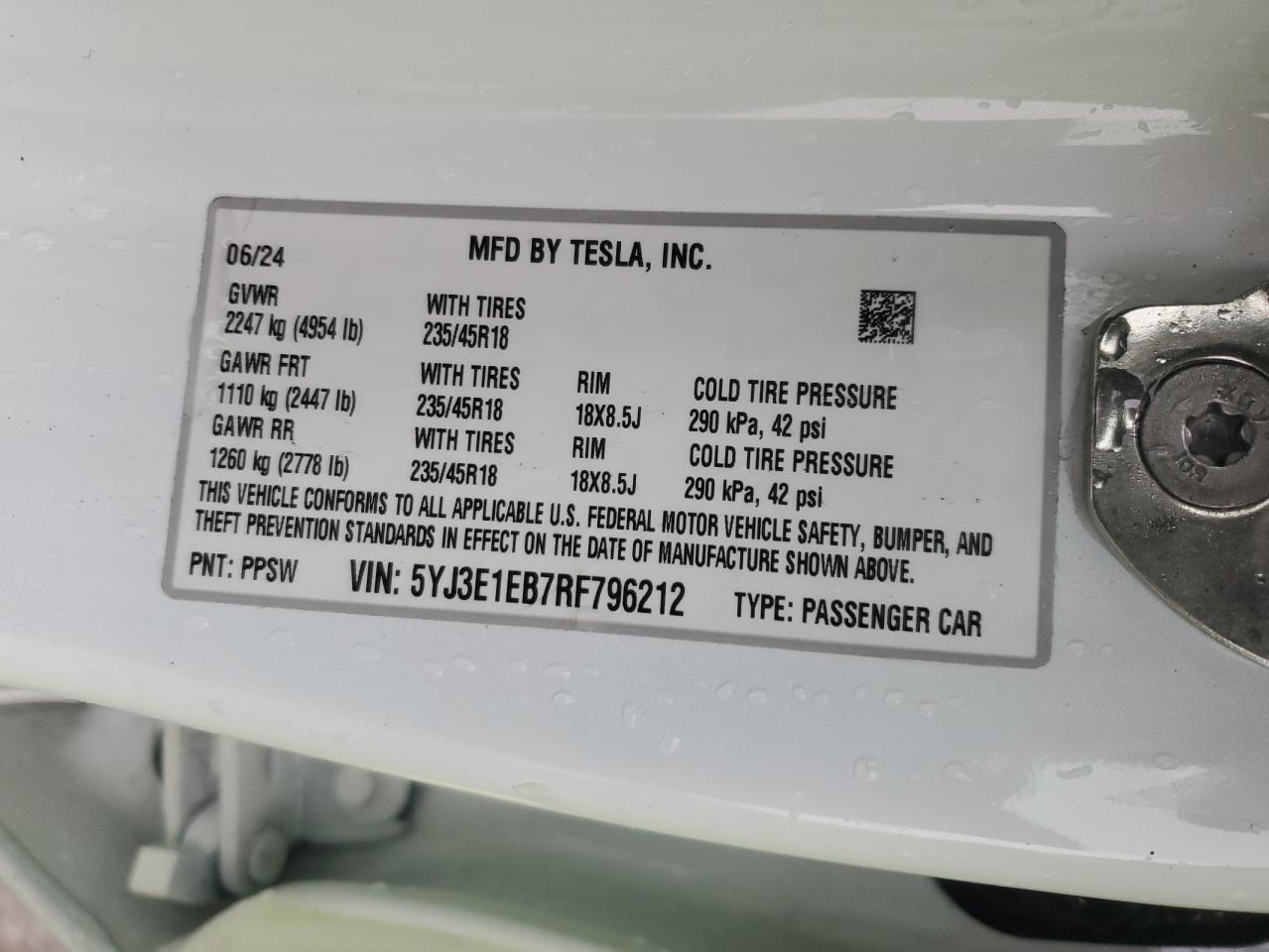 2024 TESLA MODEL 3  VIN:5YJ3E1EB7RF796212