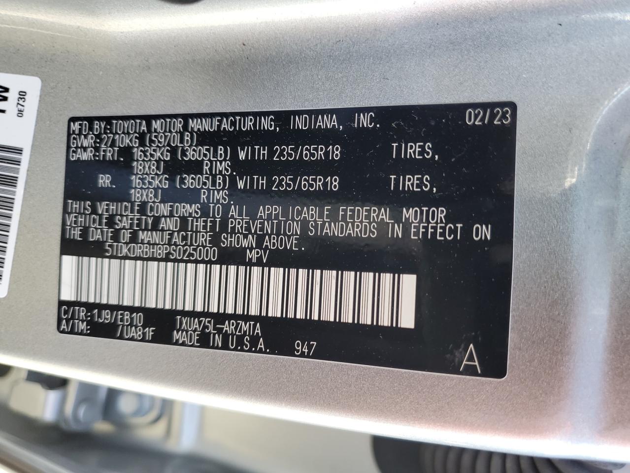 2023 TOYOTA HIGHLANDER L VIN:5TDKDRBH8PS025000