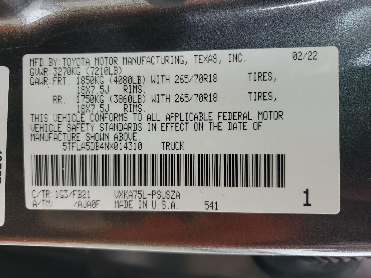 2022 TOYOTA TUNDRA CREWMAX SR VIN:5TFLA5DB4NX014310