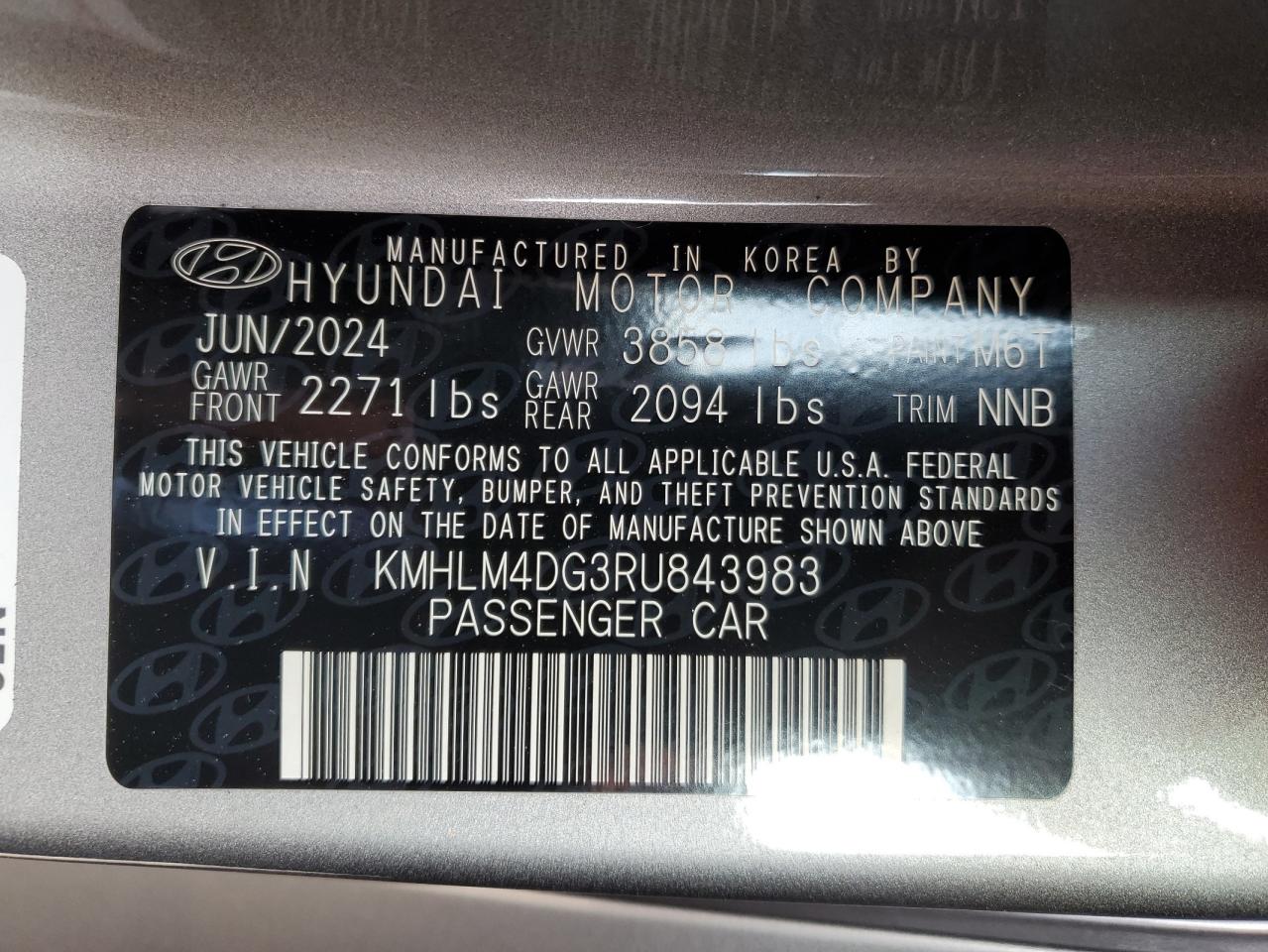 2024 HYUNDAI ELANTRA SEL VIN:KMHLM4DG3RU843983