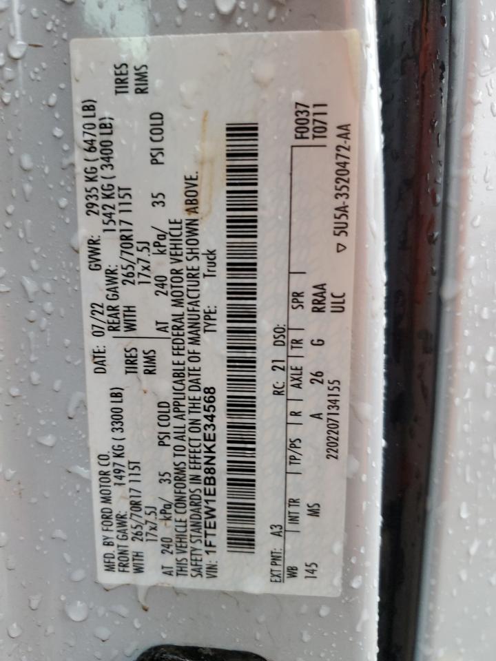 2022 FORD F150 SUPERCREW VIN:1FTEW1EB8NKE34568