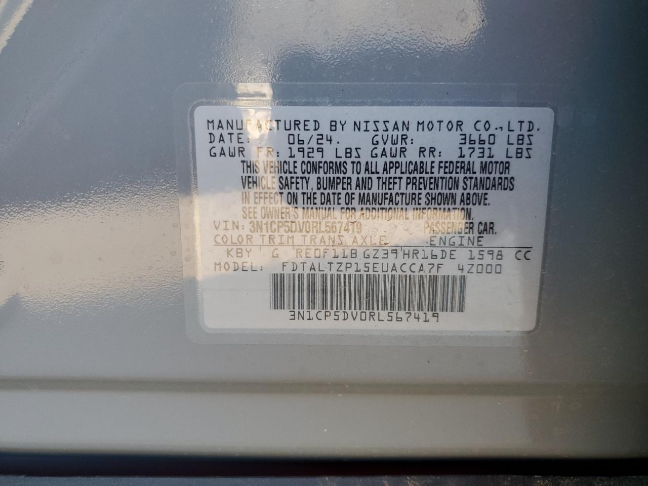 2024 NISSAN KICKS SR VIN:1C3CCBAB1EN238311