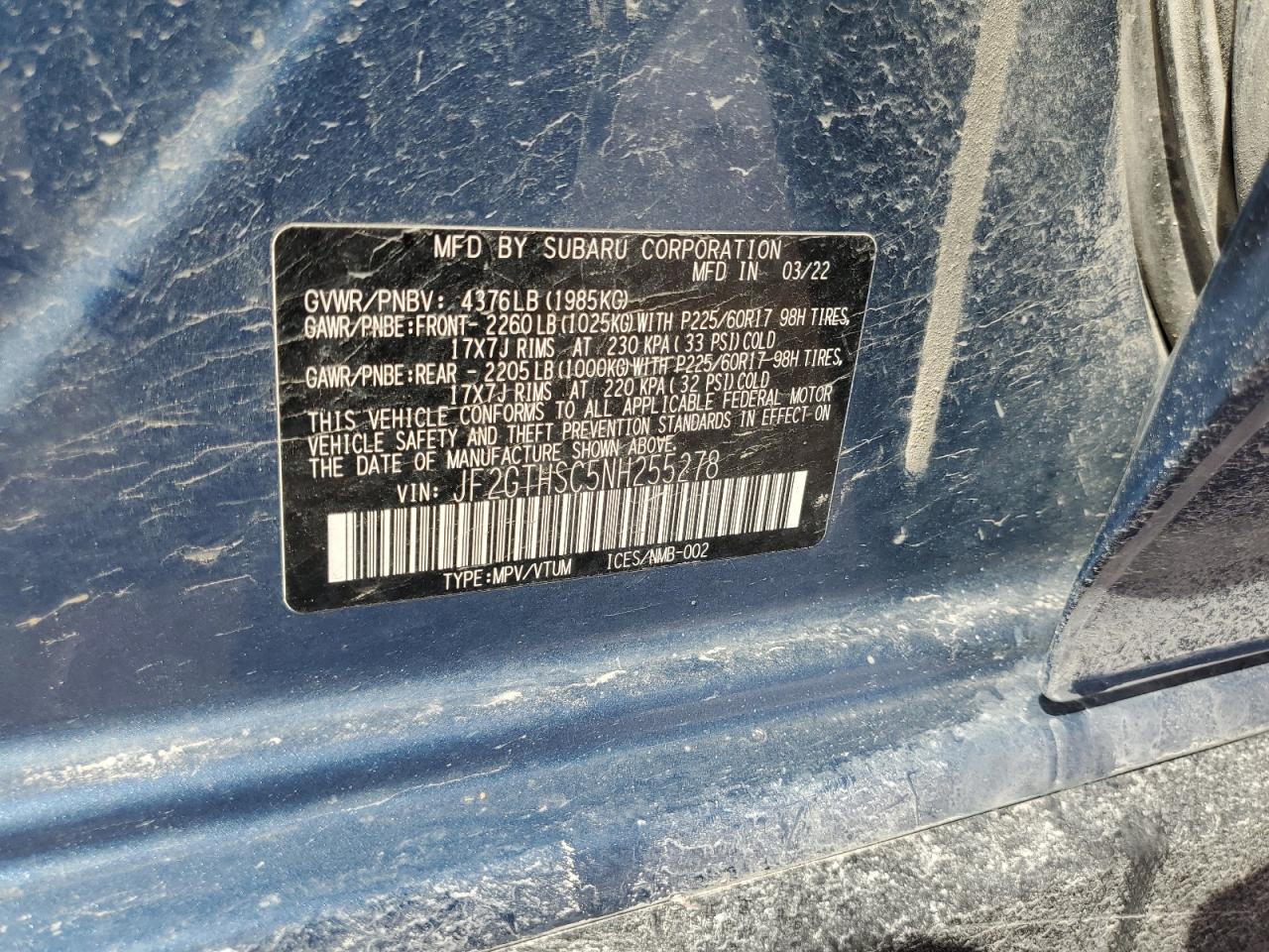 2022 SUBARU CROSSTREK SPORT VIN:JF2GTHSC5NH255278