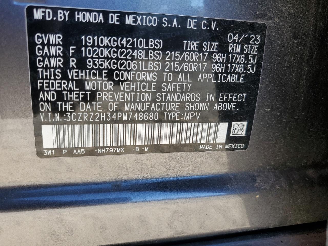 2023 HONDA HR-V LX VIN:3CZRZ2H34PM748680