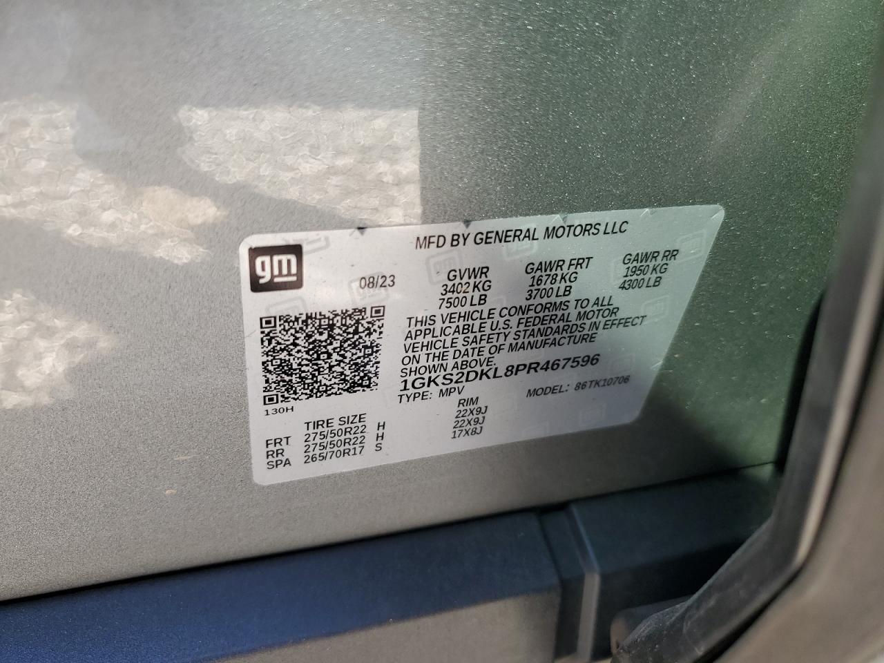 2023 GMC YUKON DENALI VIN:1GKS2DKL8PR467596