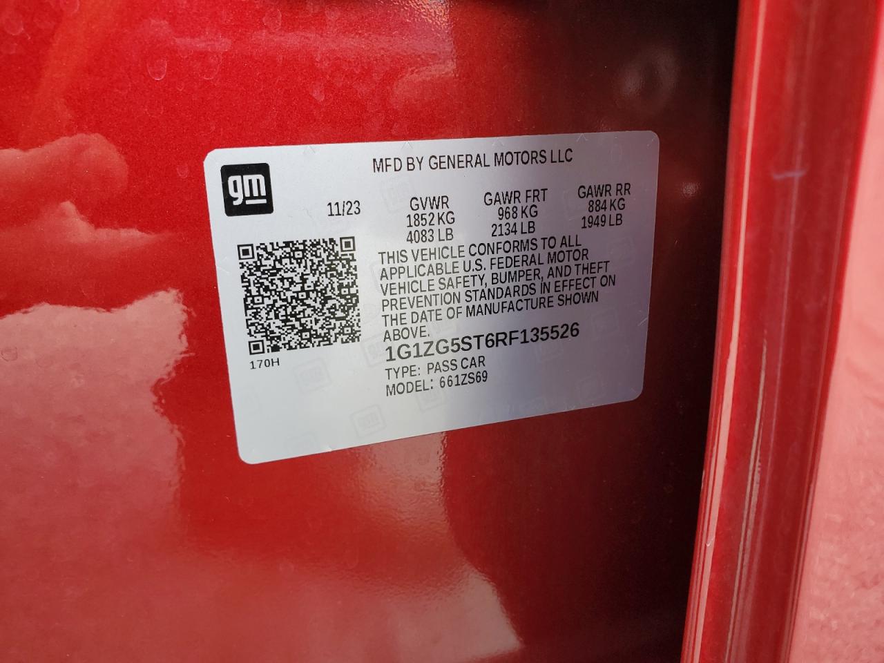 2024 CHEVROLET MALIBU RS VIN:1G1ZG5ST6RF135526