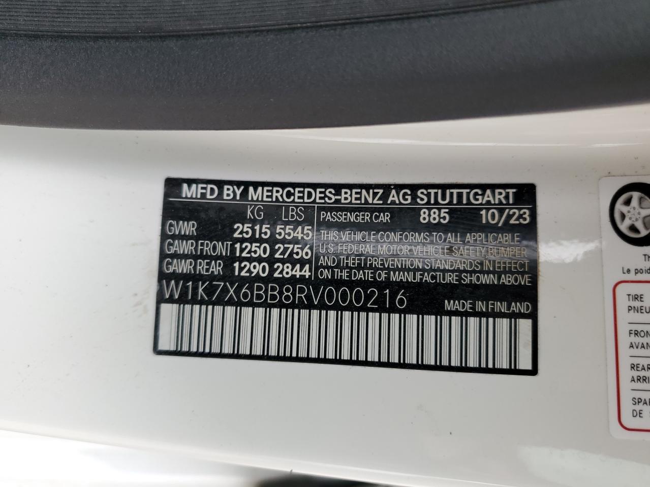 2024 MERCEDES-BENZ AMG GT 53 VIN:W1K7X6BB8RV000216