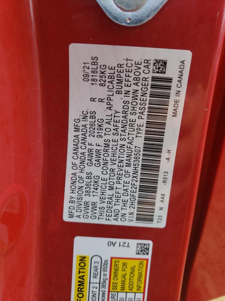 2022 HONDA CIVIC LX VIN:2HGFE2F2XNH536507