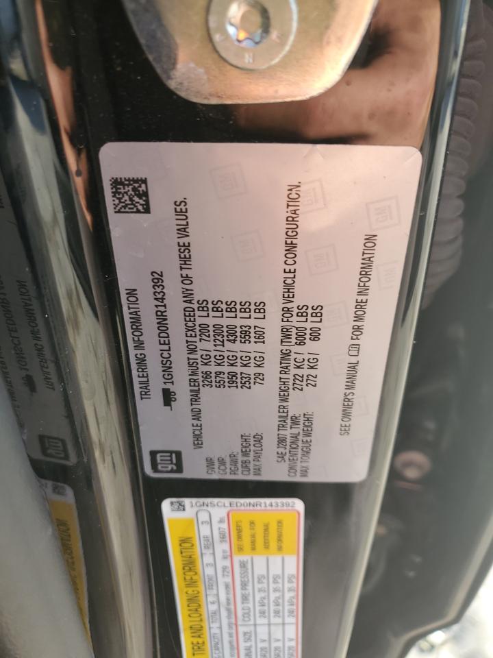 2022 CHEVROLET TAHOE C1500 VIN:1GNSCLED0NR143392