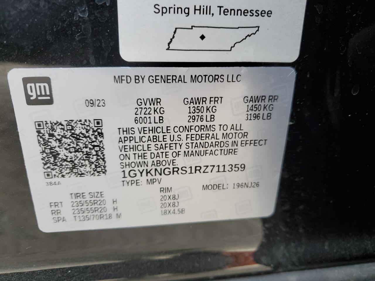 2024 CADILLAC XT5 SPORT VIN:1GYKNGRS1RZ711359