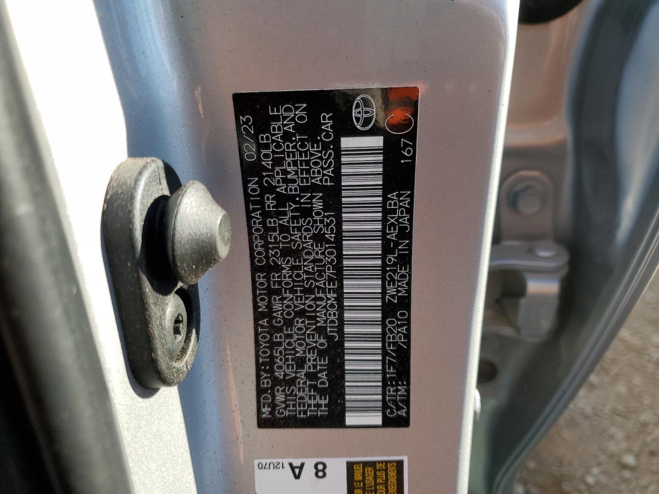 2023 TOYOTA COROLLA LE VIN:JTDBCMFE7P3014531