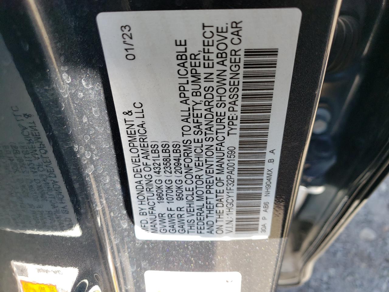 2023 HONDA ACCORD EX VIN:1HGCY1F32PA001590