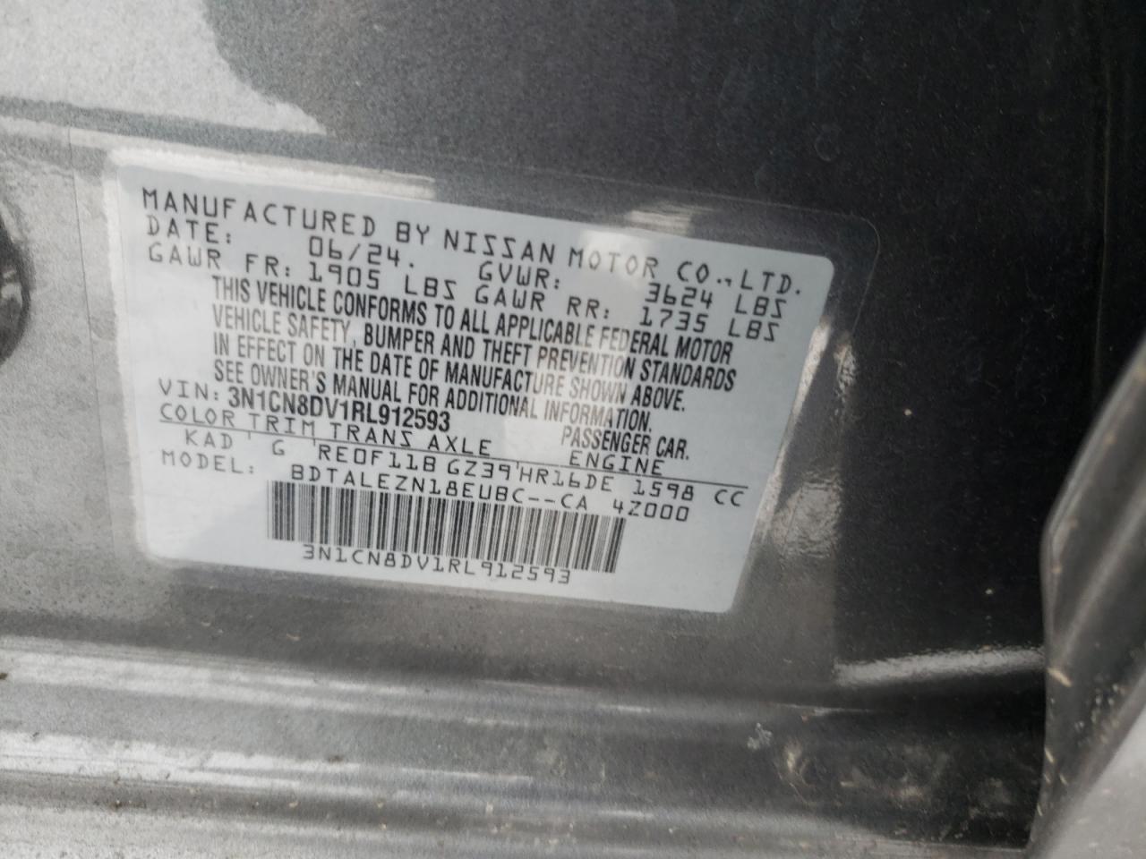 2024 NISSAN VERSA S VIN:3N1CN8DV1RL912593