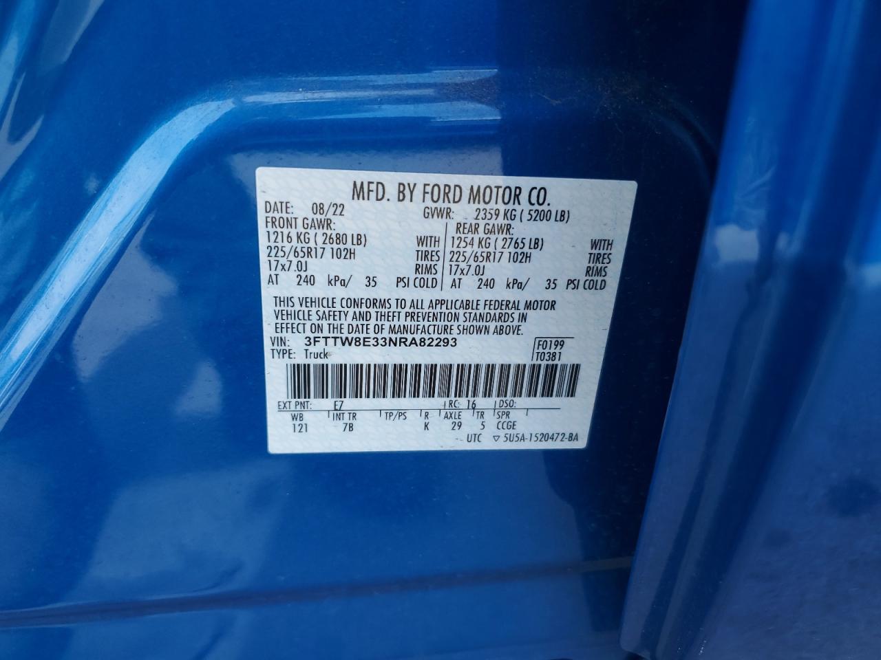 2022 FORD MAVERICK XL VIN:3FTTW8E33NRA82293