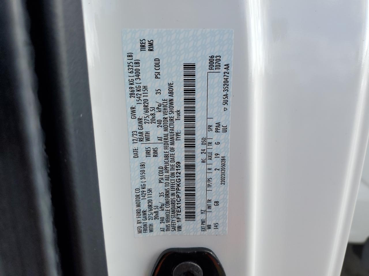 2023 FORD F150 SUPER CAB VIN:1FTEX1CP7PKG12159