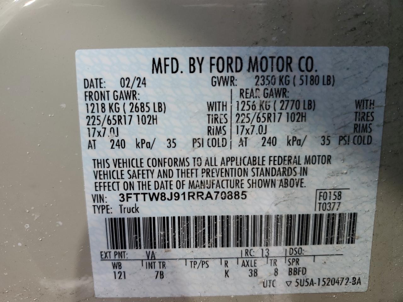 2024 FORD MAVERICK XLT VIN:3FTTW8J91RRA70885