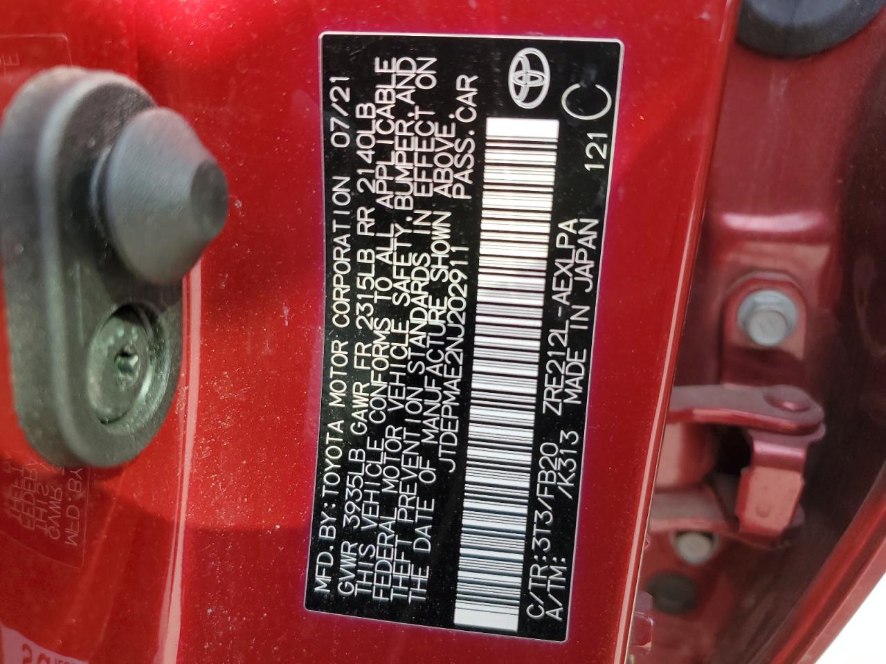 2022 TOYOTA COROLLA LE VIN:JTDEPMAE2NJ202911