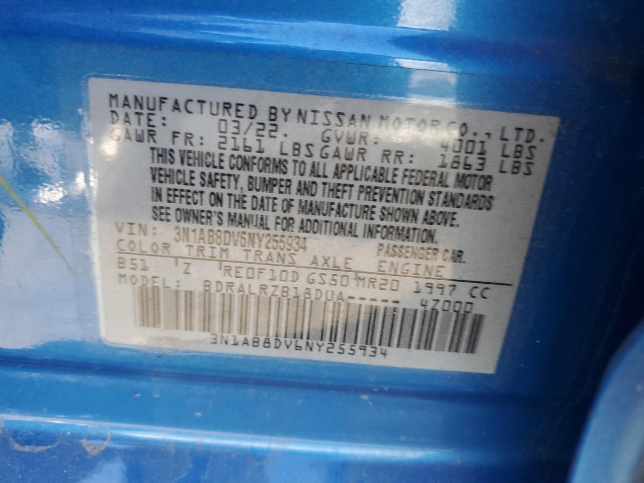 2022 NISSAN SENTRA SR VIN:3N1AB8DV6NY255934