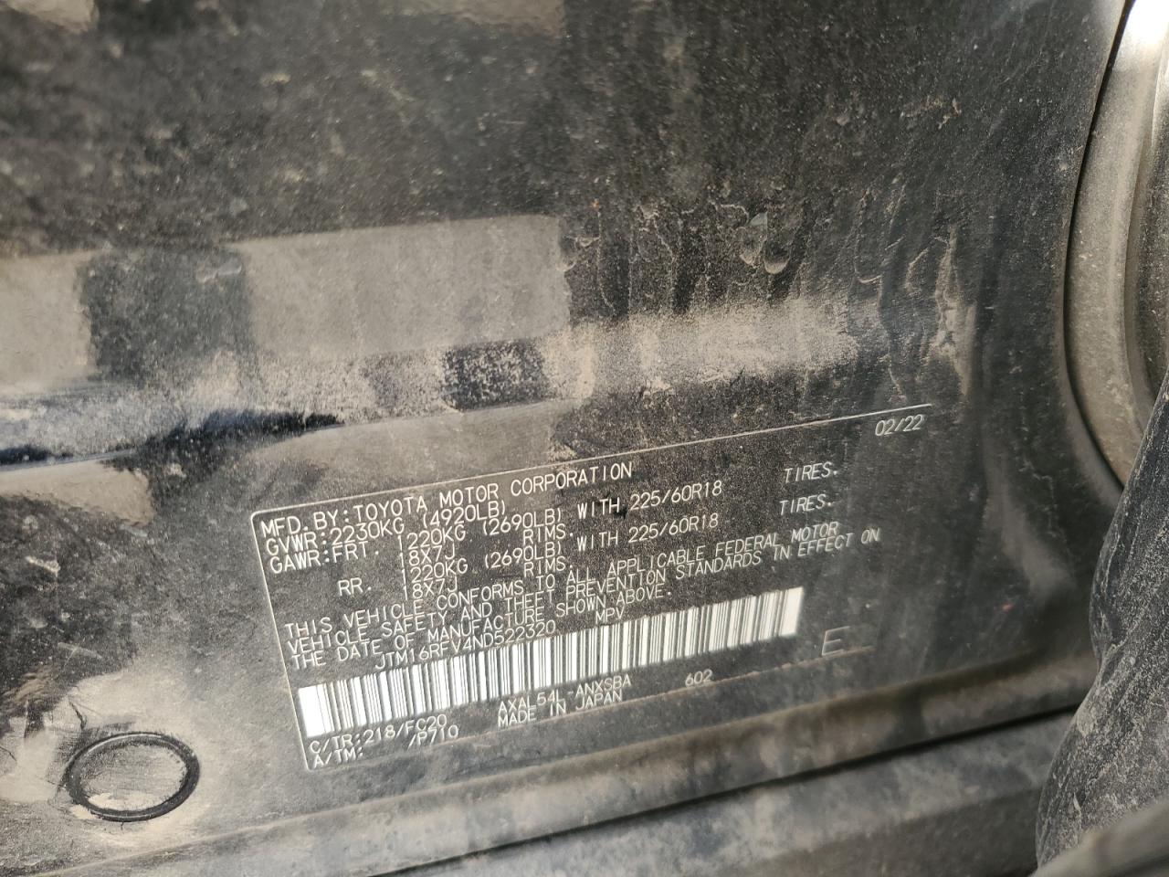 2022 TOYOTA RAV4 SE VIN:JTM16RFV4ND522320