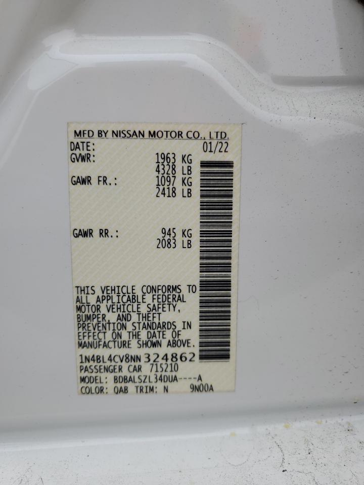 2022 NISSAN ALTIMA SR VIN:1N4BL4CV8NN324862