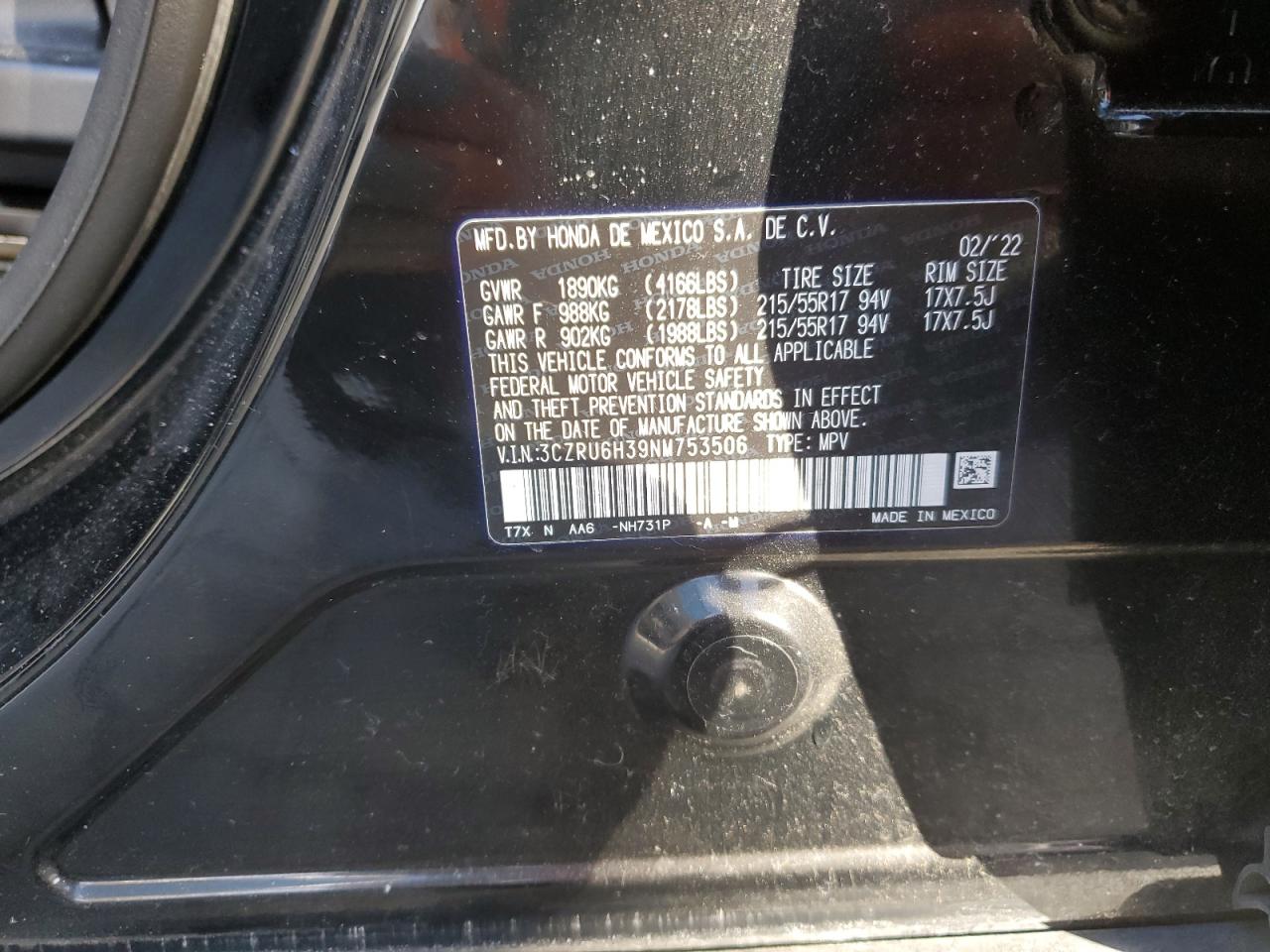 2022 HONDA HR-V LX VIN:3CZRU6H39NM753506