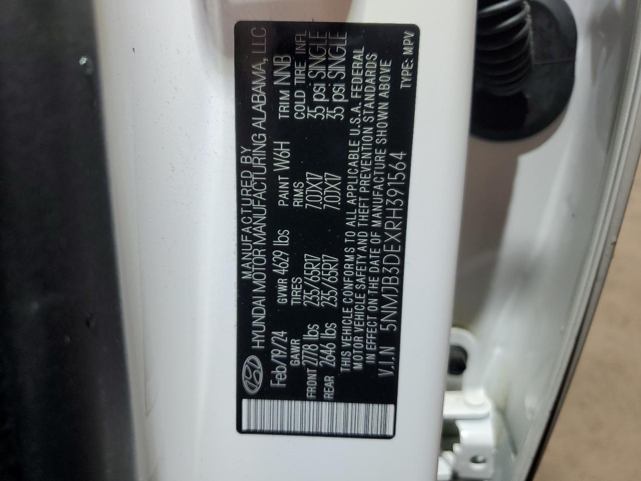 2024 HYUNDAI TUCSON SEL VIN:5NMJB3DEXRH391564