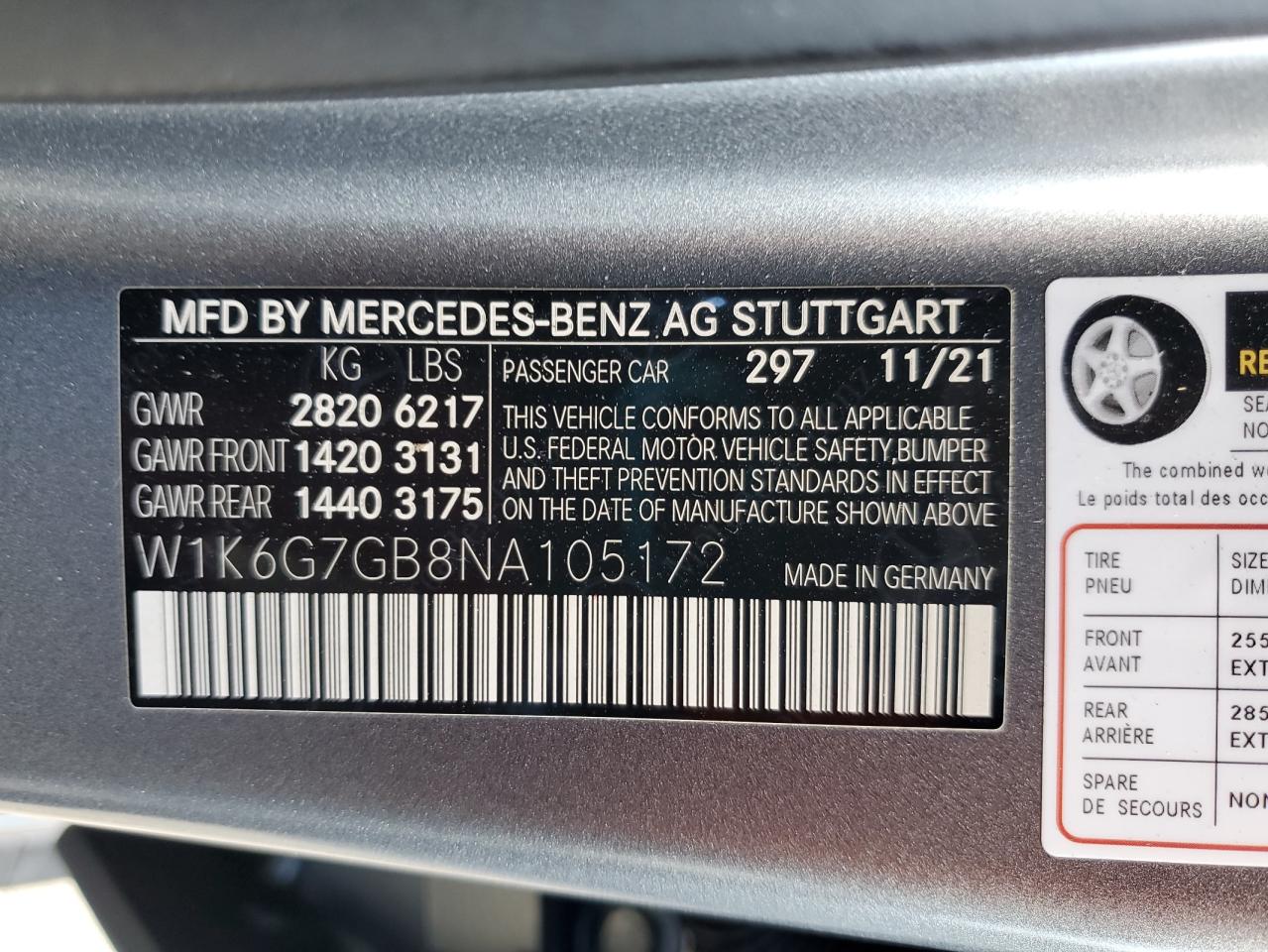 2022 MERCEDES-BENZ S 580 4MATIC VIN:W1K6G7GB8NA105172