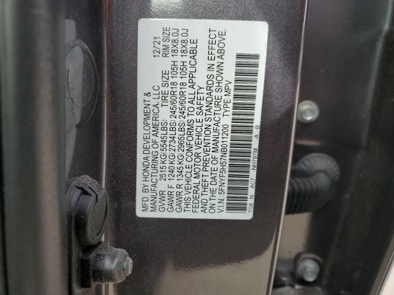 2022 HONDA PILOT EXL VIN:5FNYF5H57NB011200