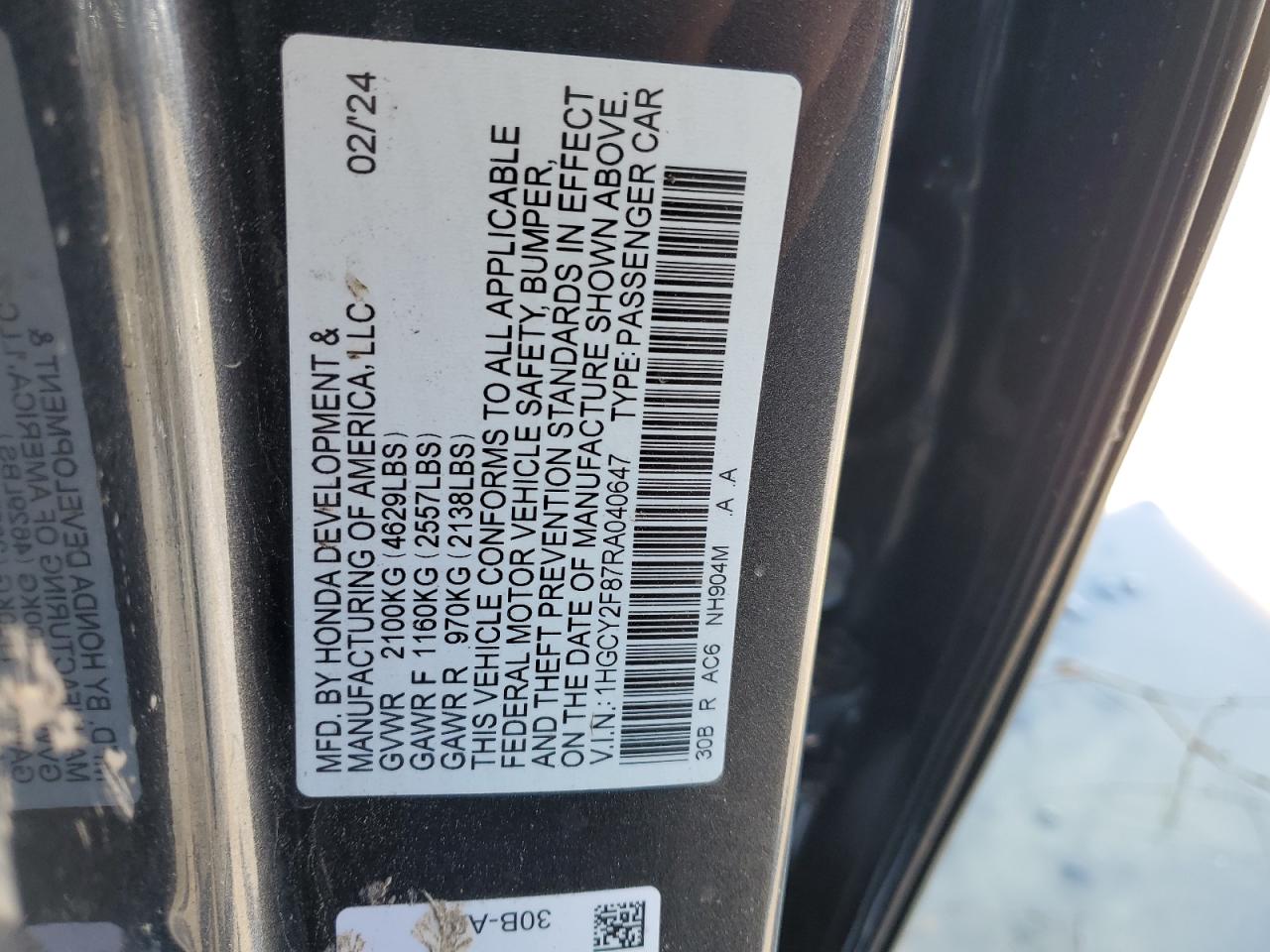 2024 HONDA ACCORD TOURING HYBRID VIN:1HGCY2F87RA040647