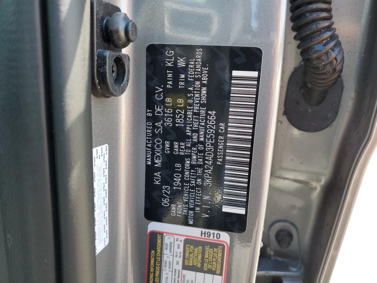 2023 KIA RIO LX VIN:3KPA24AD3PE592664