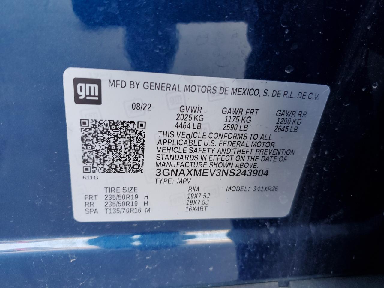 2022 CHEVROLET EQUINOX RS VIN:3GNAXMEV3NS243904