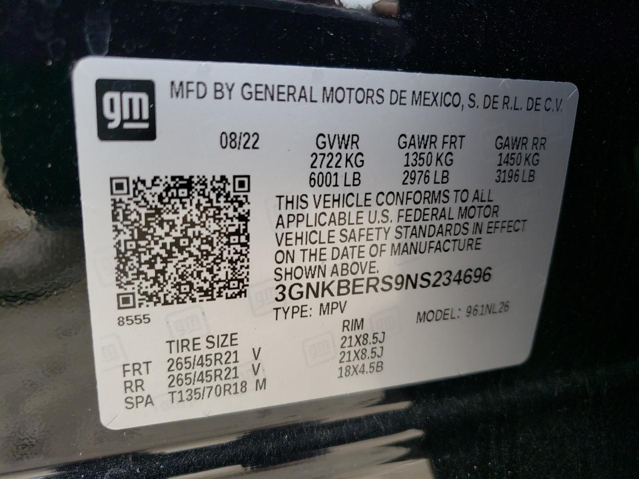 2022 CHEVROLET BLAZER RS VIN:3GNKBERS9NS234696