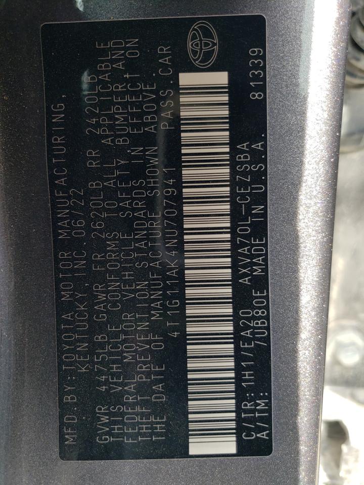 2022 TOYOTA CAMRY SE VIN:4T1G11AK4NU707941