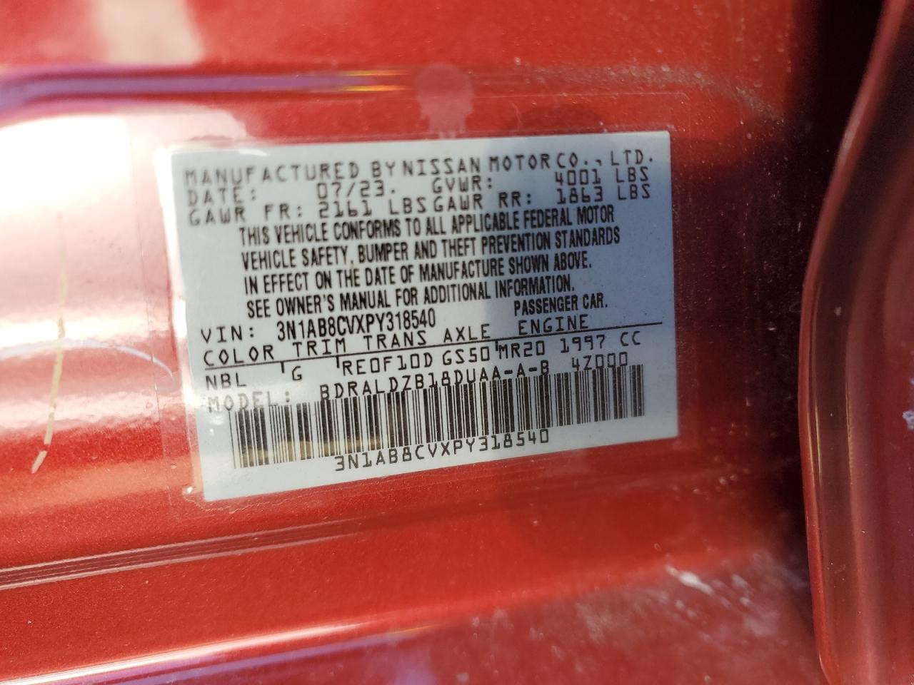 2023 NISSAN SENTRA SV VIN:3N1AB8CVXPY318540