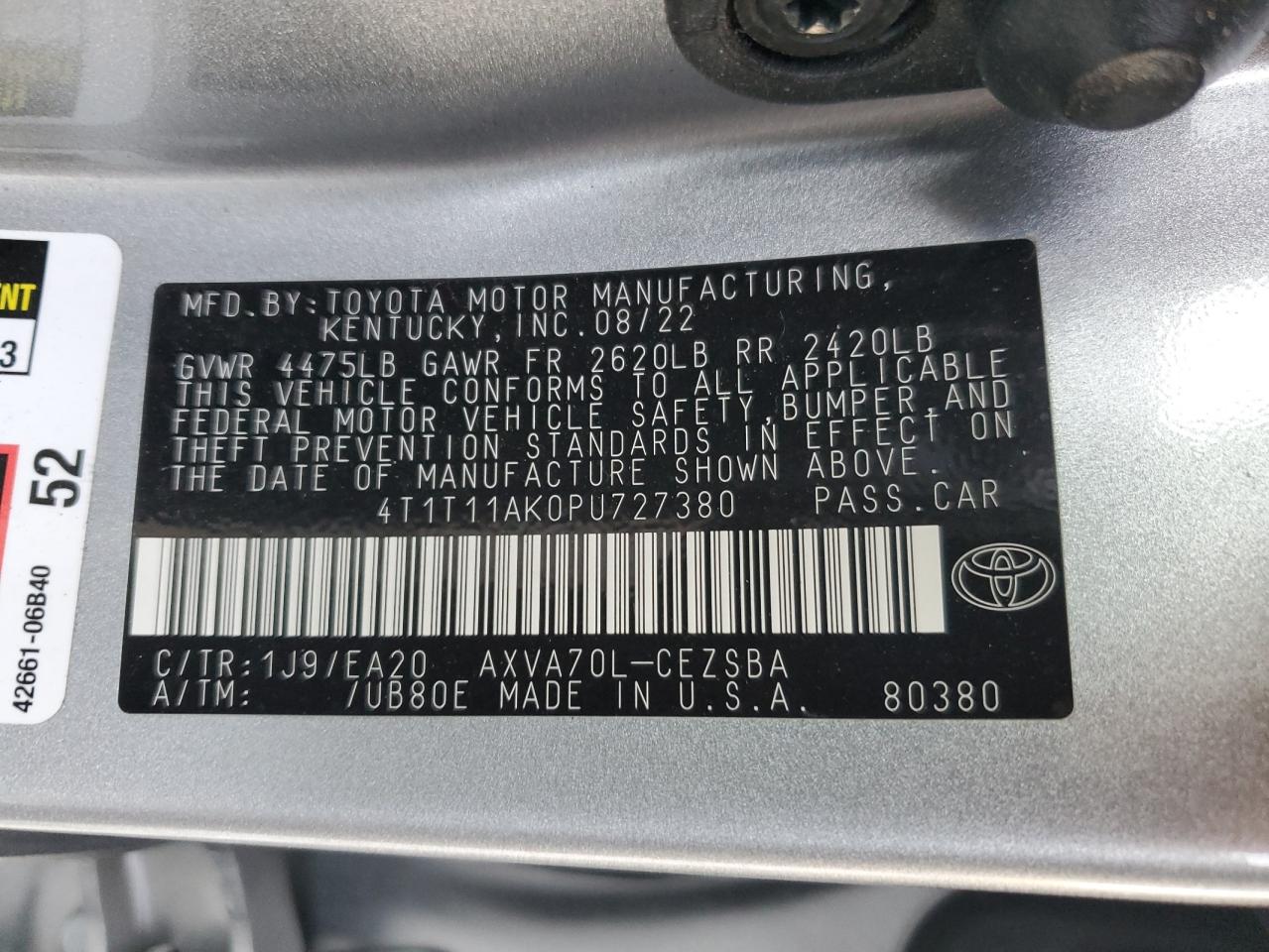 2023 TOYOTA CAMRY SE NIGHT SHADE VIN:4T1T11AK0PU727380