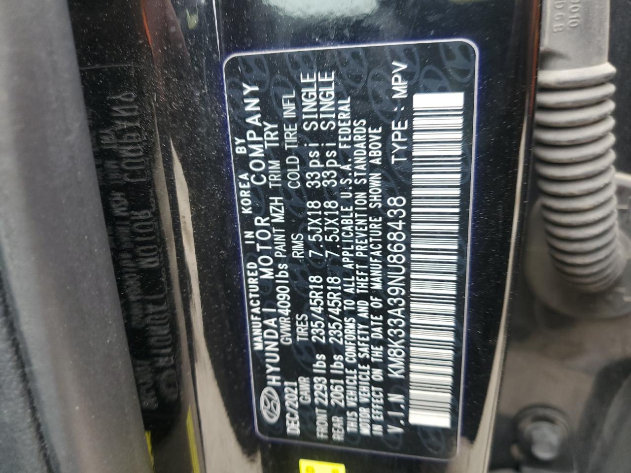 2022 HYUNDAI KONA N LINE VIN:KM8K33A39NU868438