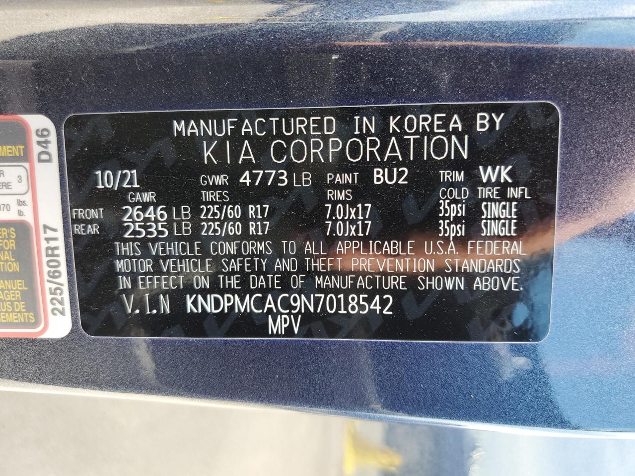 2022 KIA SPORTAGE LX VIN:KNDPMCAC9N7018542