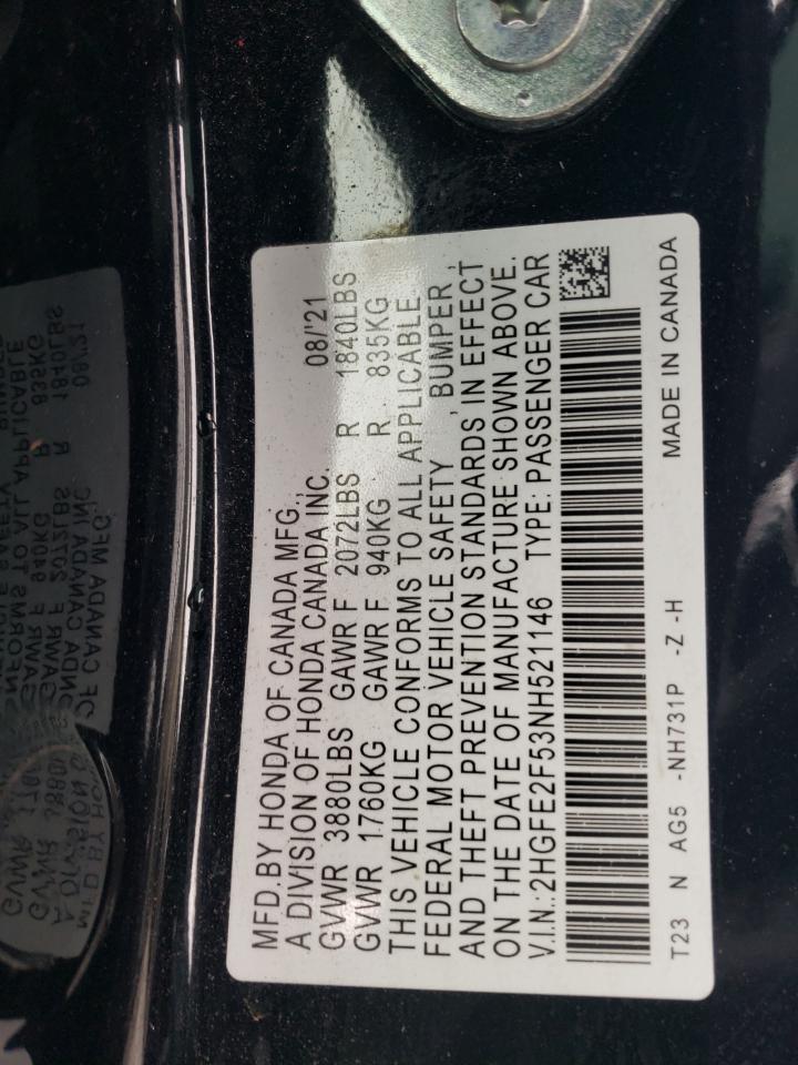 2022 HONDA CIVIC SPORT VIN:2HGFE2F53NH521146