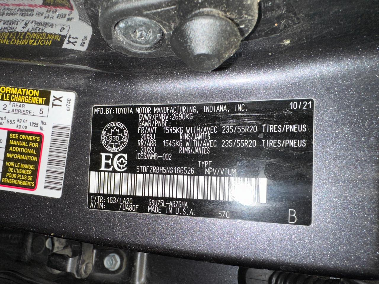 2022 TOYOTA HIGHLANDER PLATINUM VIN:5TDFZRBH5NS166526