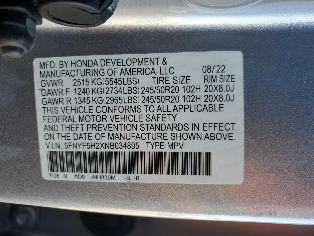 2022 HONDA PILOT SE VIN:5FNYF5H2XNB034895