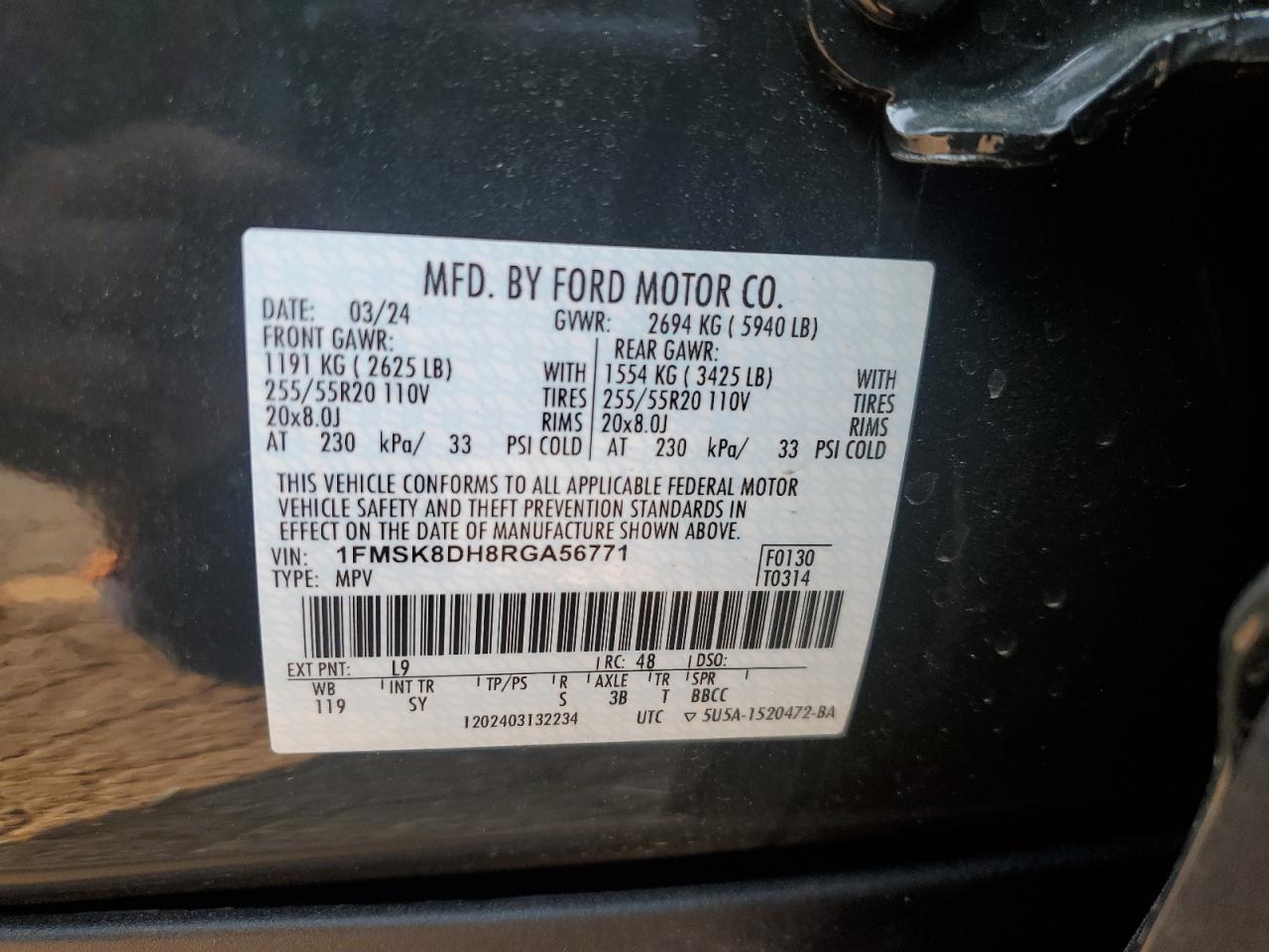 2024 FORD EXPLORER XLT VIN:1FMSK8DH8RGA56771