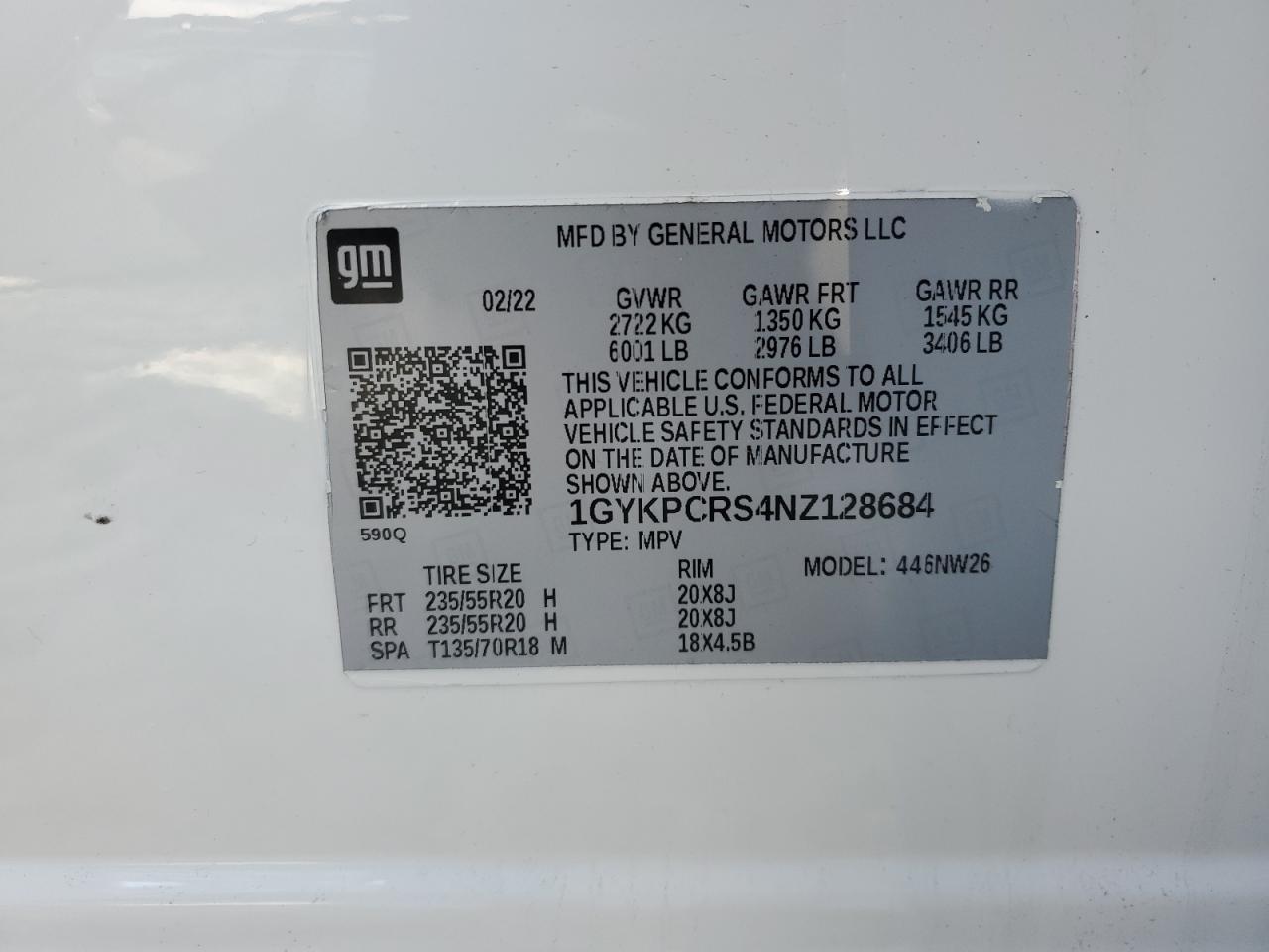 2022 CADILLAC XT6 PREMIUM LUXURY VIN:1GYKPCRS4NZ128684